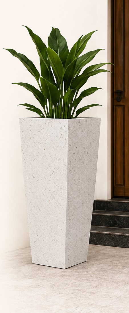 Vertex tall square planter in white at an entrance